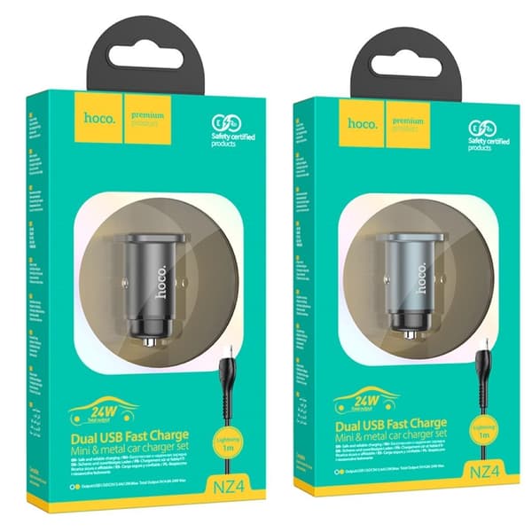 NZ4 Wise road dual port car charger set (Lightning) - Sort Black