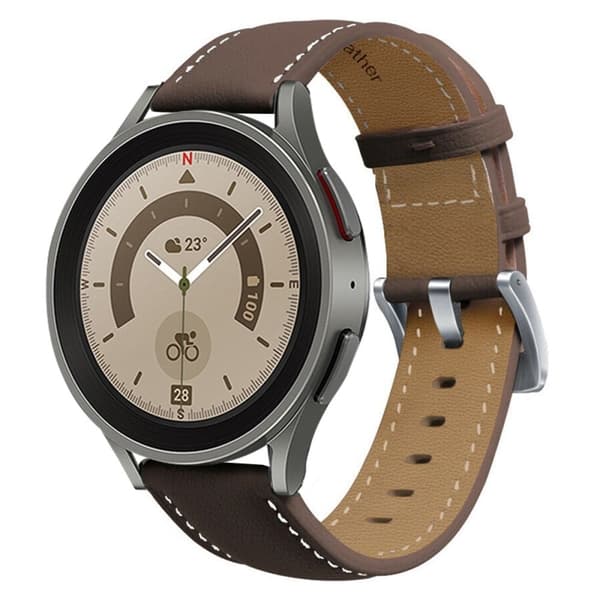 Samsung Galaxy Watch 5 (44mm) / (40mm / Pro stitching style urrem i ægte læder - Kaffe / Sølvspænde Brown