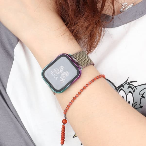Apple Watch Series 8 (41mm) metallinen suojus karkaistulla lasilla - Vihreä Vaaleanpunainen Gradientti Multicolor