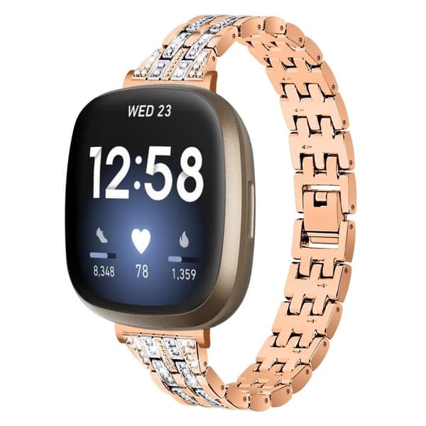 Fitbit Sense / Versa 3 stilig urrem med rhinestone dekor - Rose Gull / Sølv Pink