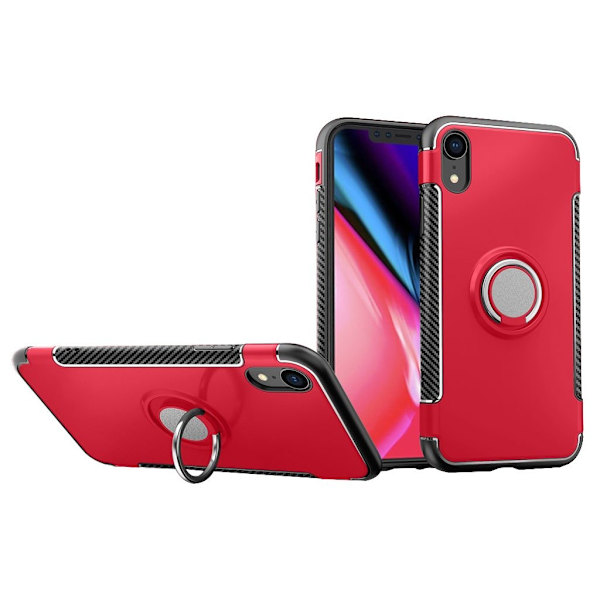 iPhone Xr mobilskal plast silikon utfällbart ben kolfiber textur fingerfäste – Röd Röd