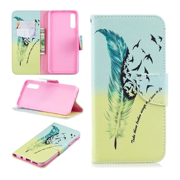 Samsung Galaxy A50 mønster læretui - Feather Pattern Multicolor