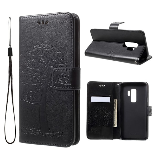 Samsung Galaxy S9 Plus stemplet Træ ugle beskyttende PU læder flip etui - Sort Black