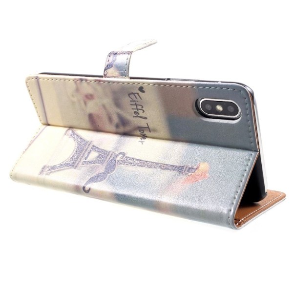 iPhone 9 Plus mobilskal plast syntetläder plånbok stående tryckmönster - Eiffeltornet och mustasch multifärg