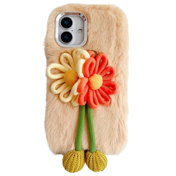 iPhone 16 Case Two Flowers Decor Outer Fluffy Plush Inner Flexible Phone Cover - Beige Brown