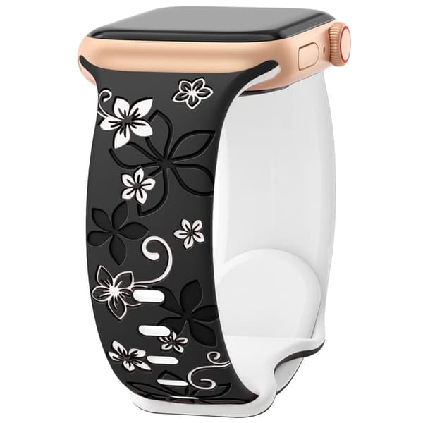 Apple Watch Series 41mm - 40mm - 38mm Silicone Flower Pattern Band - Sort / Hvid Black