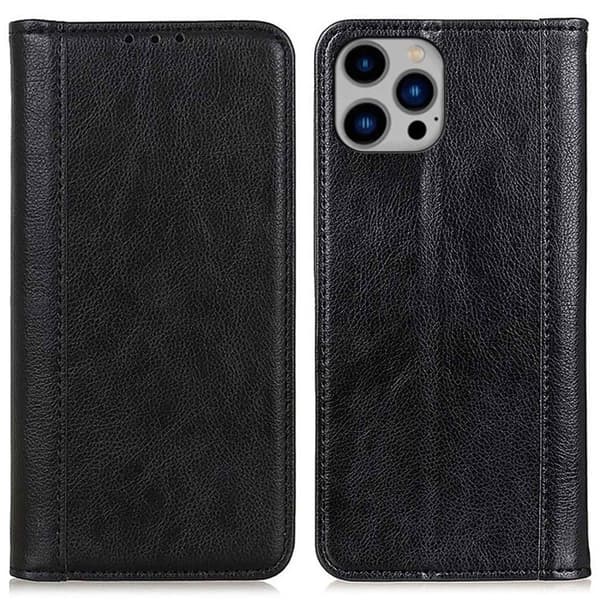 Ekte lærdeksel med magnetisk lukking for iPhone 14 Plus - Svart Black