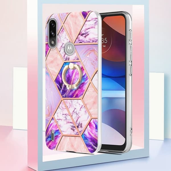 Marble Mønstret Cover med Ring Holder til Motorola E7i Power / E7 Power - Lyselilla Purple