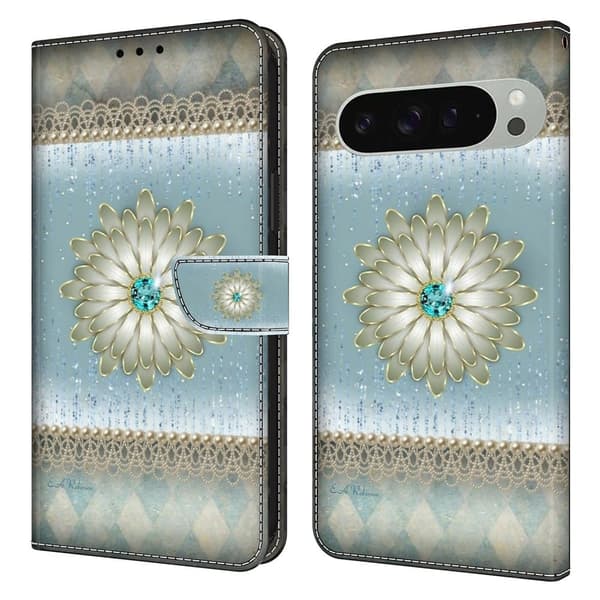 Google Pixel 9 Pro XL plånboksfodral mönstrat tryck stativ läder flip telefonskal - Blå Diamantblomma Blå