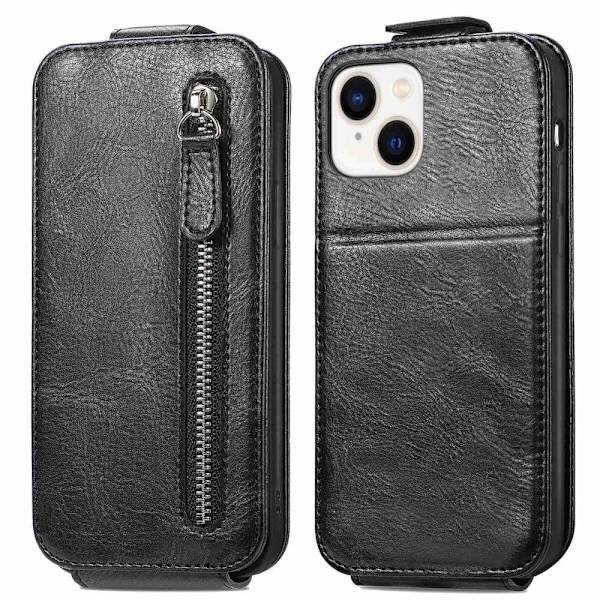 Lodret iPhone 14 flip etui med lynlås - Sort Black