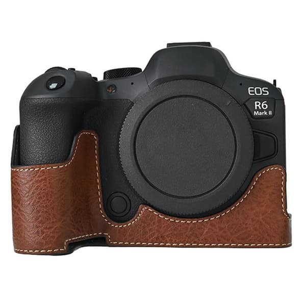 Canon EOS R6 Mark II / R6 / R5 Kamerafodral med axelrem Stor utskärning Litchi Texture PU-skyddsfodral - Kaffe Brun