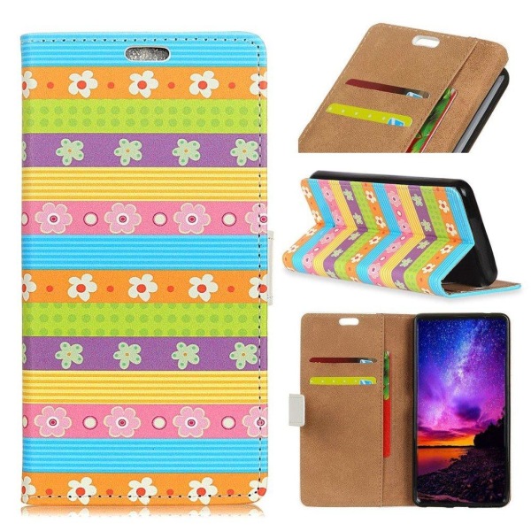 Samsung Galaxy A9 (2018) kuviollinen synteetti nahka lompakko kotelo kortti paikoilla - Kukat Ja Raidat Multicolor