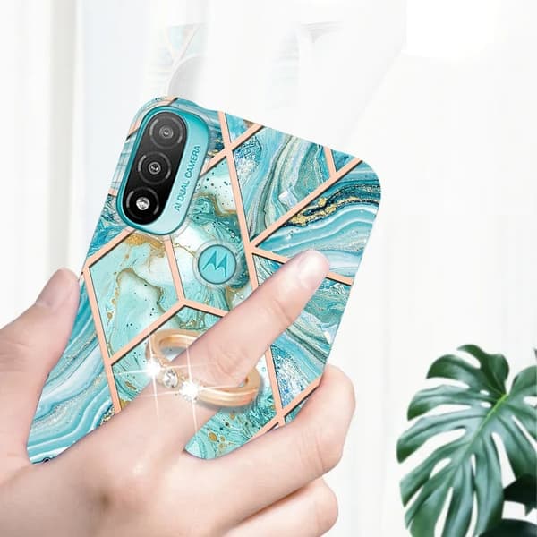 Marble Mønstret Deksel med Ring Holder til Motorola Moto E30 / E40 / E20 - Blå Blue