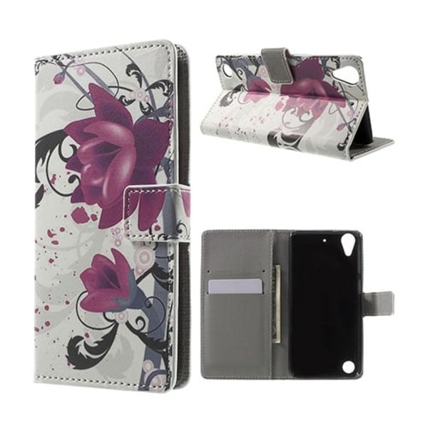 Holberg læder-etui til HTC Desire 530 med kortholder og stander - Lilla blomst Purple