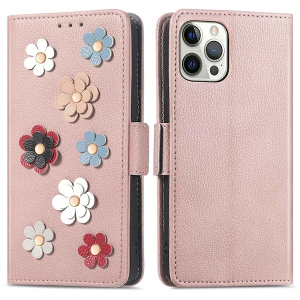 Mjukt läder iPhone 12 Pro Max fodral med blomdekor - Rosa Rosa