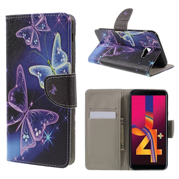 Samsung Galaxy J4 Plus (2018) magnetiskt flipfodral i läder - Livfulla Fjärilar multifärg