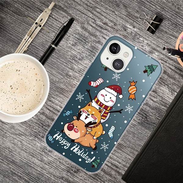 Julfodral till iPhone 14 - Shiba Inu Snögubbe Och Hjort multifärg