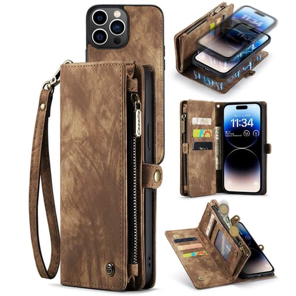 CaseMe iPhone 14 Pro Zipper Lompakko - Ruskea Brown