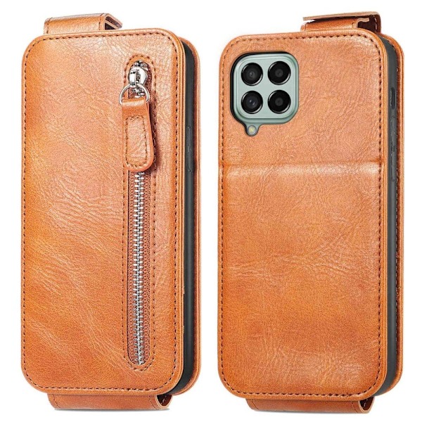 Vertical Flip Phone Suojakotelo With Zipper For Samsung Galaxy A12 5G - Ruskea Brown