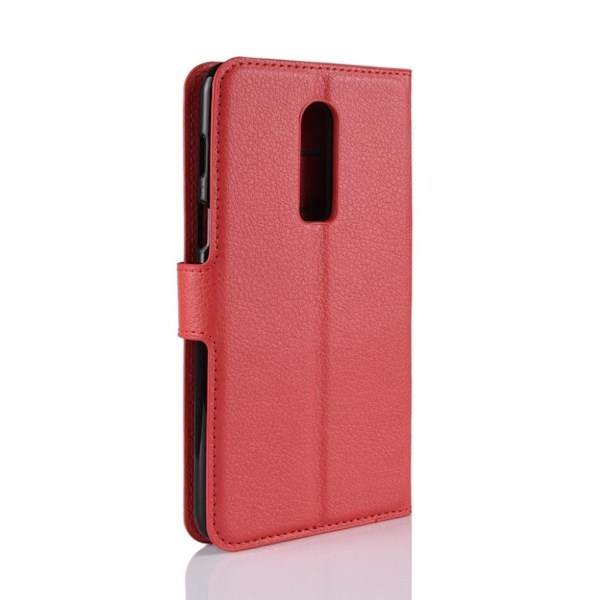 Oneplus 6 beskyttelsesetui i kunstlæder med Litchi overflade. Med stativ og kortlommer - Rød Red