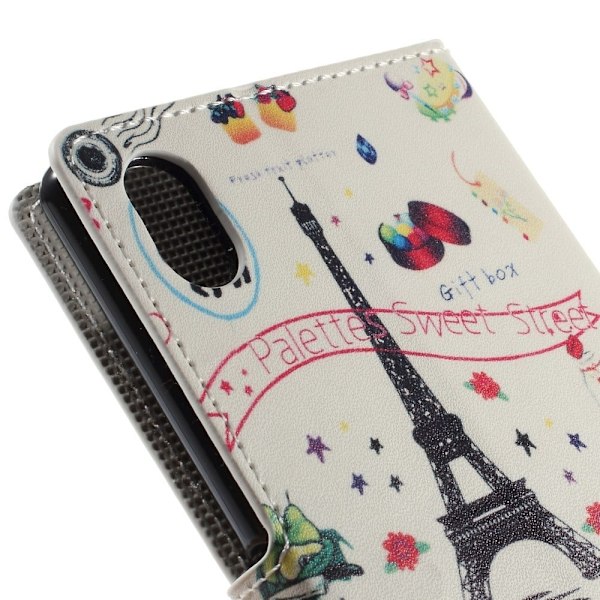 Moberg Sony Xperia M4 Aqua Læder Etui med Kortholder - Eiffeltårnet Og Frugter Multicolor