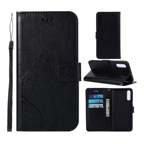 Samsung Galaxy A50 aftryk Sommerfugl blomster læder etui - Sort Black