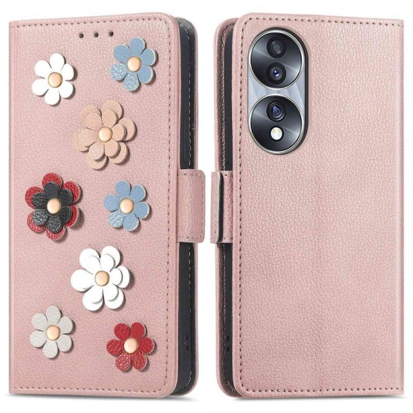 Mjukt läder Honor 70 fodral med blomdekor - Rosa Rosa