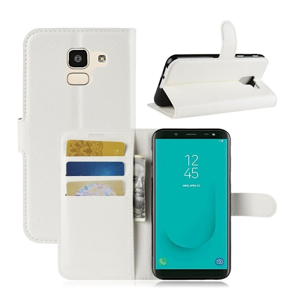 Samsung Galaxy J6 mobiletui i lædermateriale med Litchi overflade samt magnetisk lukkeklap - Hvid White