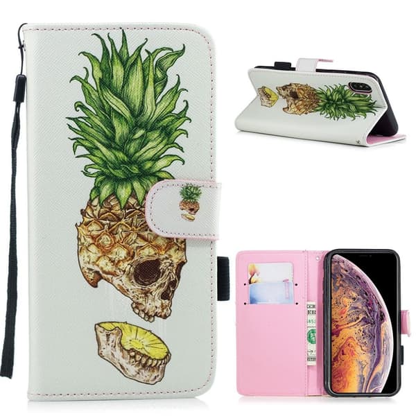 iPhone Xs Max mønstret læder flip cover - Kranie Ananas Multicolor
