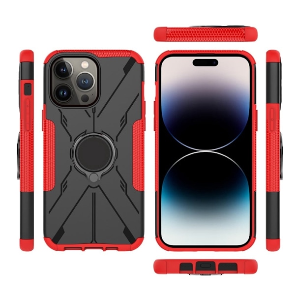 iPhone 14 Pro Fire Hjørne Airbag Bumpresistent og Fleksibel Telefon Beskyttende Cover Ring Kickstand Design Back Case - Rød Red