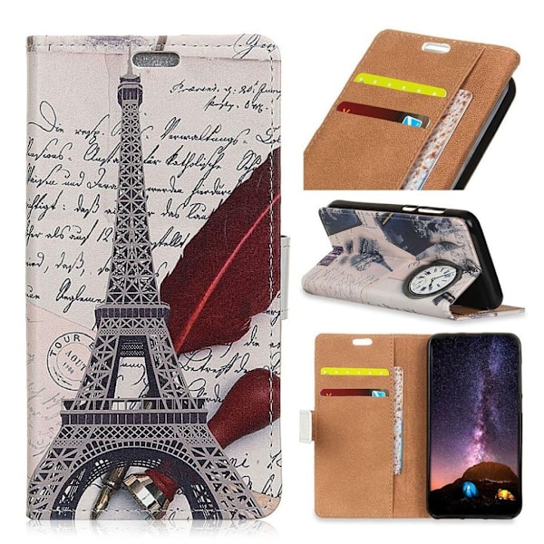 iPhone Xs Max flip case i mønstret læder - Eiffeltårnet Og Fjerpennen Multicolor