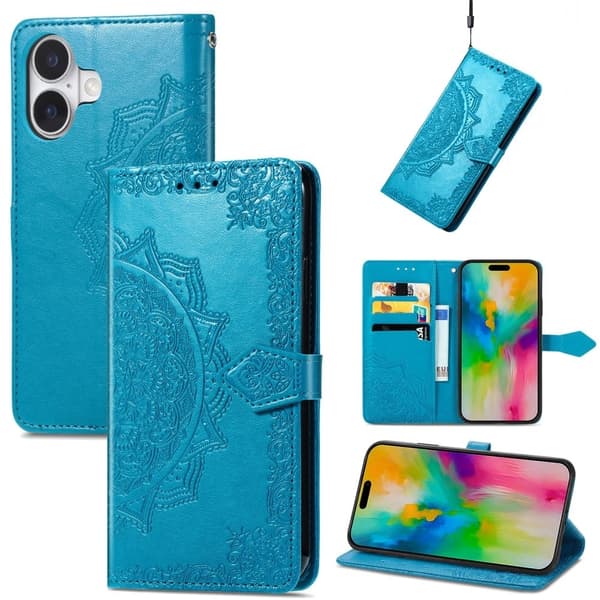Mandala iPhone 16 læderetui - Blå Blue