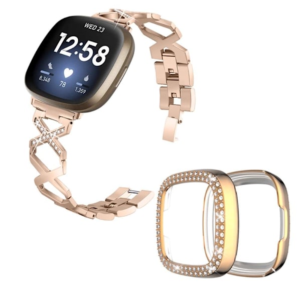 Fitbit Sense / Versa 3 X-formad med strassdekorerat klockarmband med roséguldskal - Guld Guld