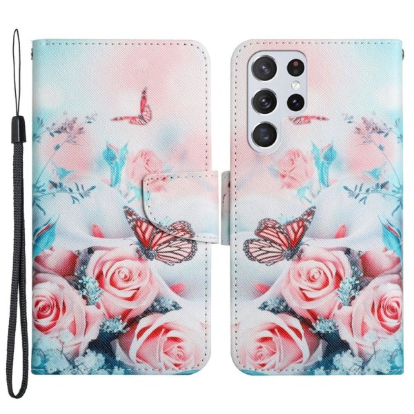 Wonderland Samsung Galaxy S22 Ultra Flip Etui - Pæon og Sommerfugl Multicolor