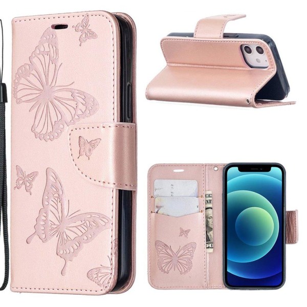Butterfly iPhone 12 Mini Læderetui - Pink Pink