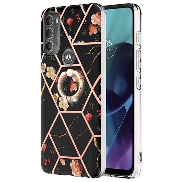 Marble Patterned Suojakuori With Ring Holder For Motorola Moto G71 5G - Black Flowers Black