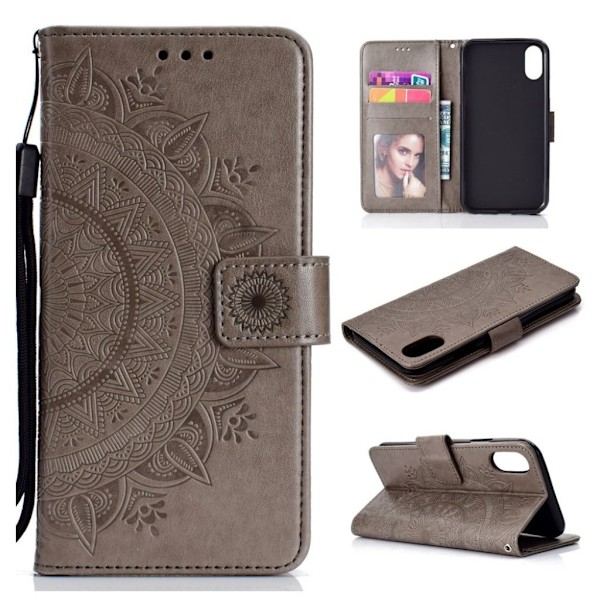 iPhone Xr flip cover i læder med Mandala-mønster - Grå Silver grey