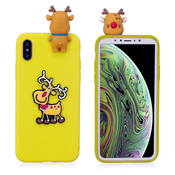 iPhone XS 3D-julemønsteretui - Gul Baggrund Med Hjort Multicolor