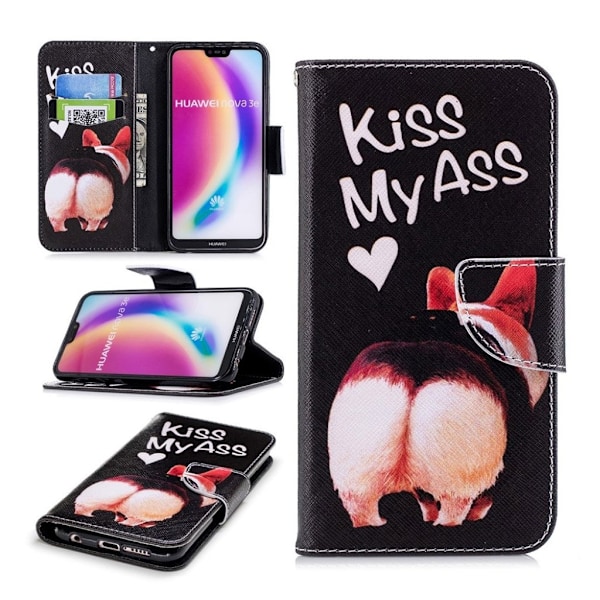Huawei P20 Lite Printet Mønster PU læder flip etui - Kiss My Ass Multicolor
