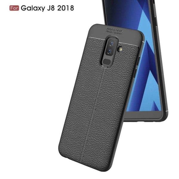 Samsung Galaxy J8 (2018) beskyttelsesetui i silikone- og plastik med Litchi tekstur - Sort Black