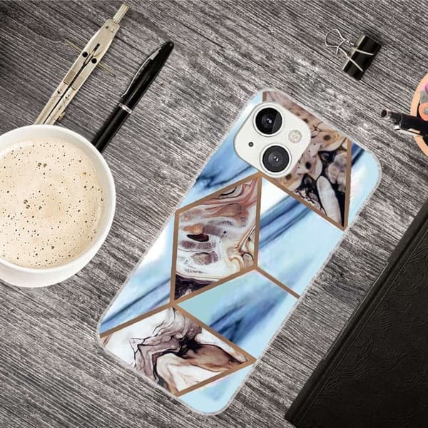 Marmormotiv iPhone 14 skal - Himmelsblå Och Brun Marmor multifärg