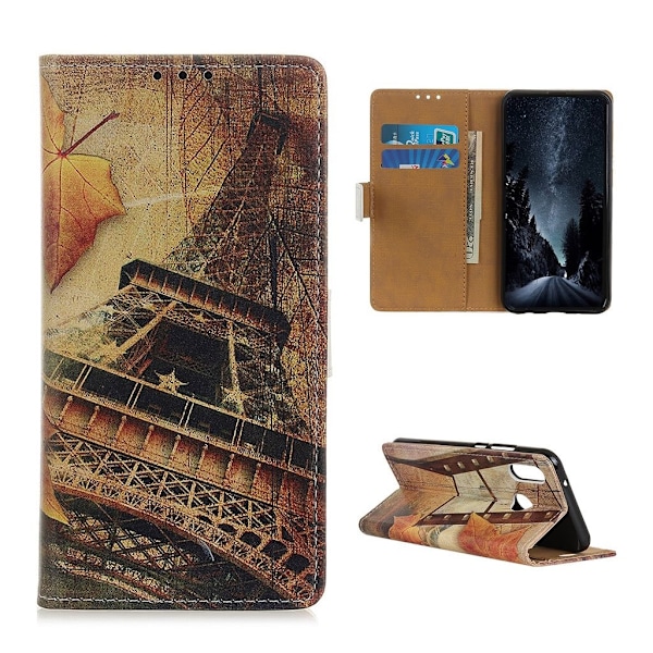 Samsung Galaxy A40 kuviollinen nahkakotelo - Vaahteran Lehtiä Ja Eiffel-Torni Brown