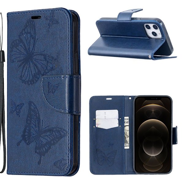 Butterfly iPhone 12 Pro Max nahkakotelo - Sininen Blue