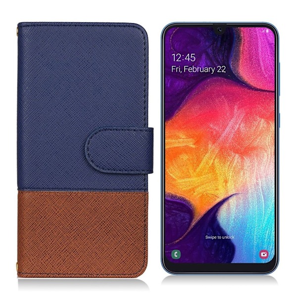 Samsung Galaxy A50 kontrasti väri nahkainen suojakotelo - Tummansininen Blue