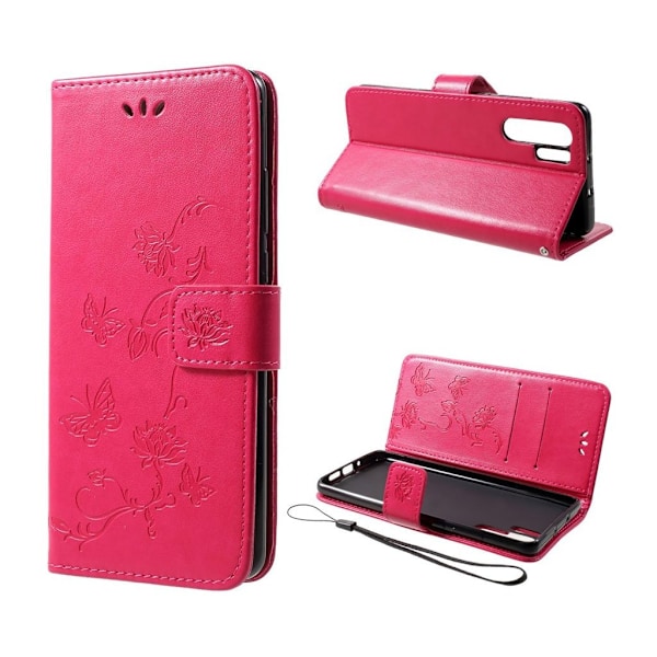 Huawei P30 Pro trykt sommerfugl blomster læder flip etui - Rød Red