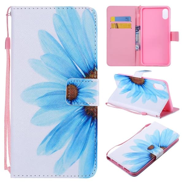 iPhone 9 Plus mobilfodral syntetläder silikon plånbok stående tryckmönster - Blå blomma Blå