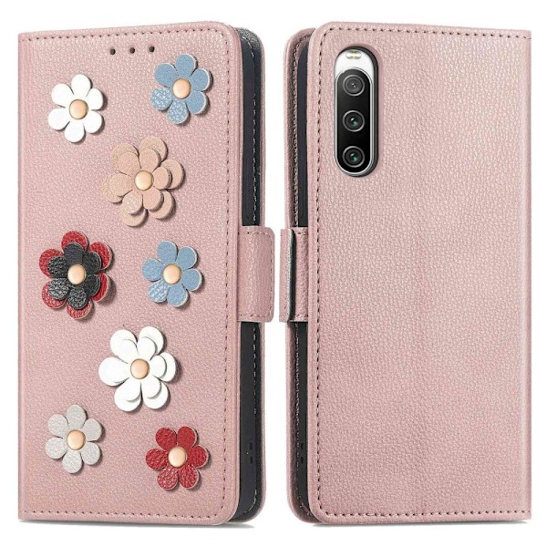 Pehmeä kukkakoristelu nahkakotelo Sony Xperia 10 IV - Ruusukulta Pink