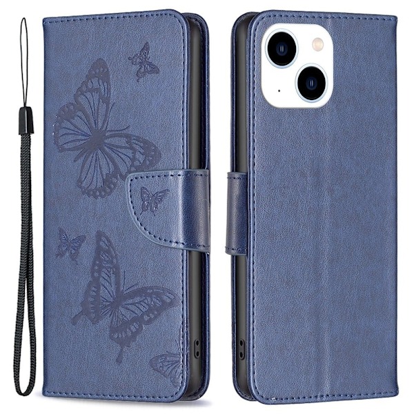 Butterfly iPhone 14 nahkakotelo - Tummansininen Blue