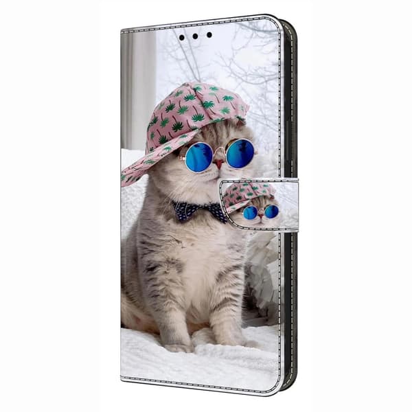 iPhone 16 Pro Max Etui med pung Mønster print Stand Leather Flip Phone Cover - Hat Kat Silver grey