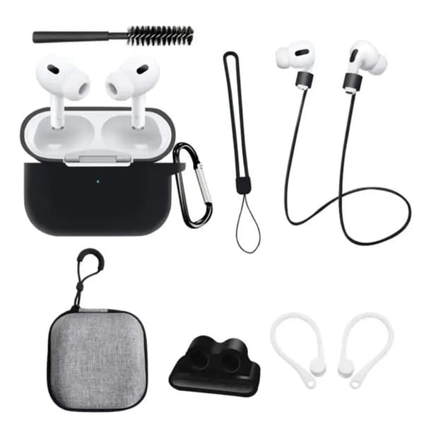 AirPods Pro 2 silikondeksel med oppbevaringspose og tilbehør - Svart Black
